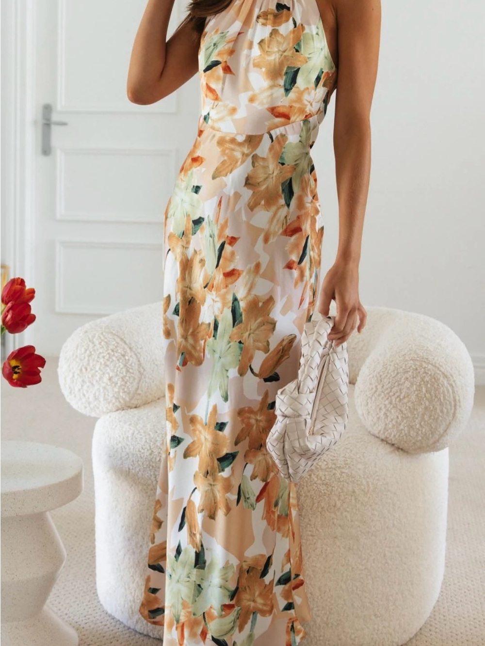 Sleeveless Floral Maxi Dress in Cream and Mustard